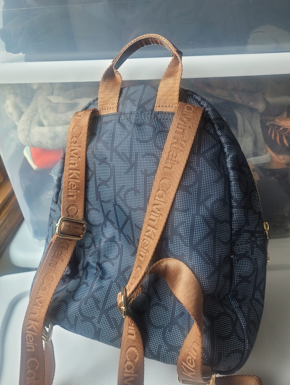 Calvin Klein Monogram Mini Backpack Navy Brown Gold Logo Everyday Travel Bag - Picture 3 of 5
